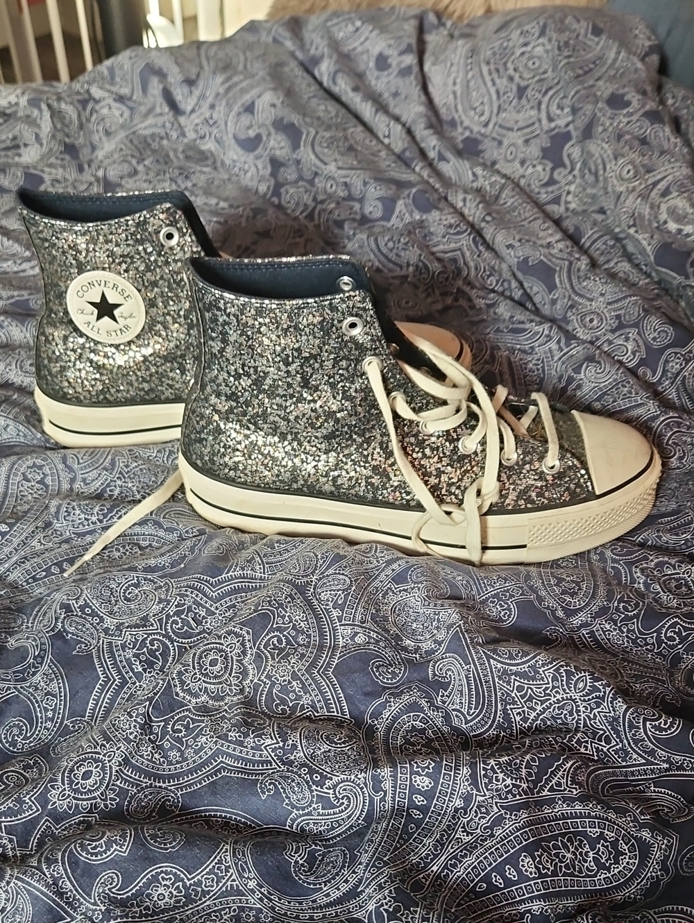 Converse Glitter High Top Sneakers in Silver and Black